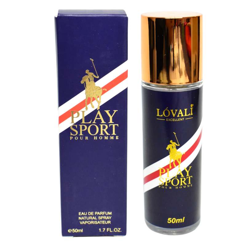 Loción play sport caja azul con franja roja y blanca