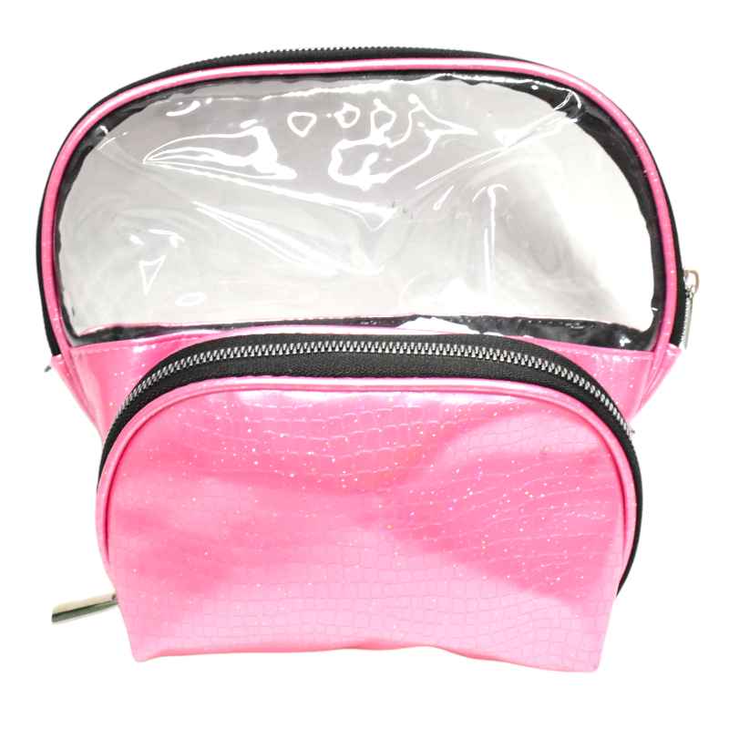 Cosmetiquera ovalada doble color fucsia con transparente