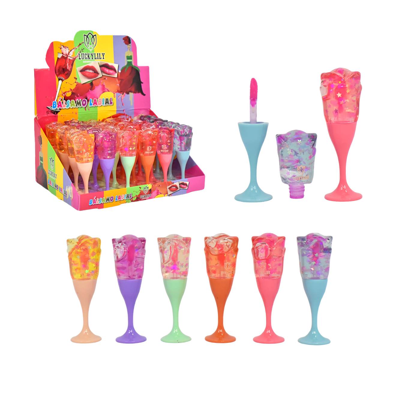 Brillo labial en forma de copa con presentación de rosa Lucky Lily