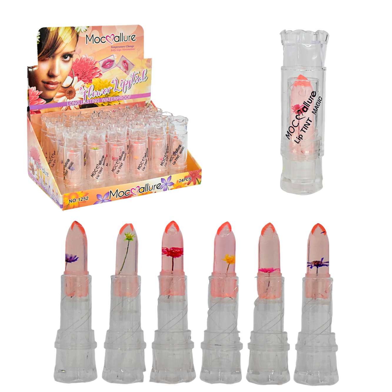 Labial en barra magico Flower Mocoallure caja naranja con blanco