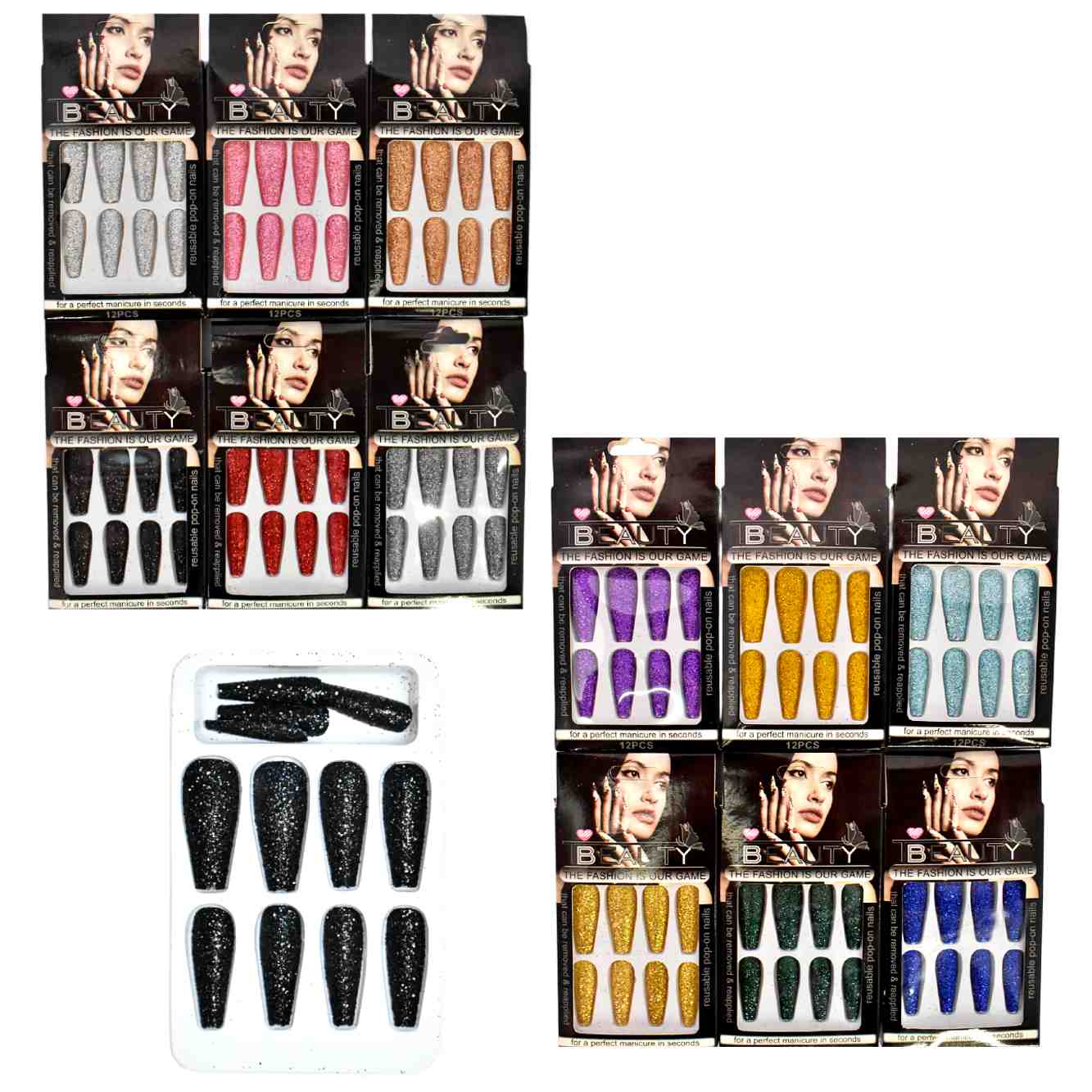 Uña press on con glitter Tbeauty the fashion is our game caja negra