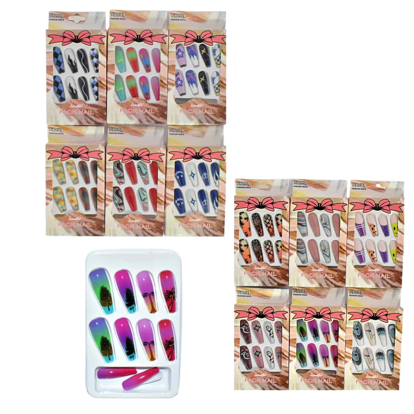 Uñas Press on Fack Nail caja beige con blanco y moño rosado