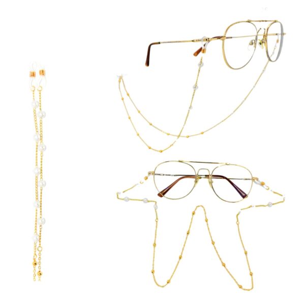 Cadena para lentes en presentación de perlas blancas