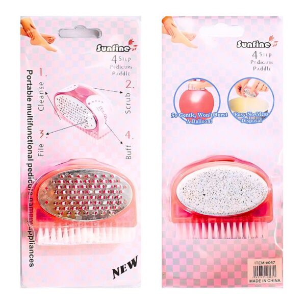 Cepillo portatil para pedicura 4 en 1 SUNFINE empaque rosado y gris a cuadros